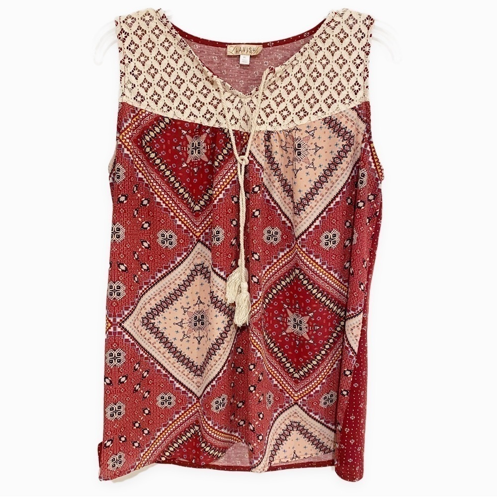 Lavish | Aztec Print Sleeveless Top Loose Front Tie Red Size XL